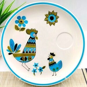 Last Set of 2 🪻HP! 2 Blue Rooster & Chick Plates. MCM By Ceramic Guild, Vintage